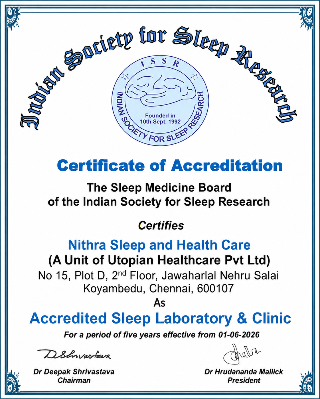 Sleep Medicine accreditation certificate