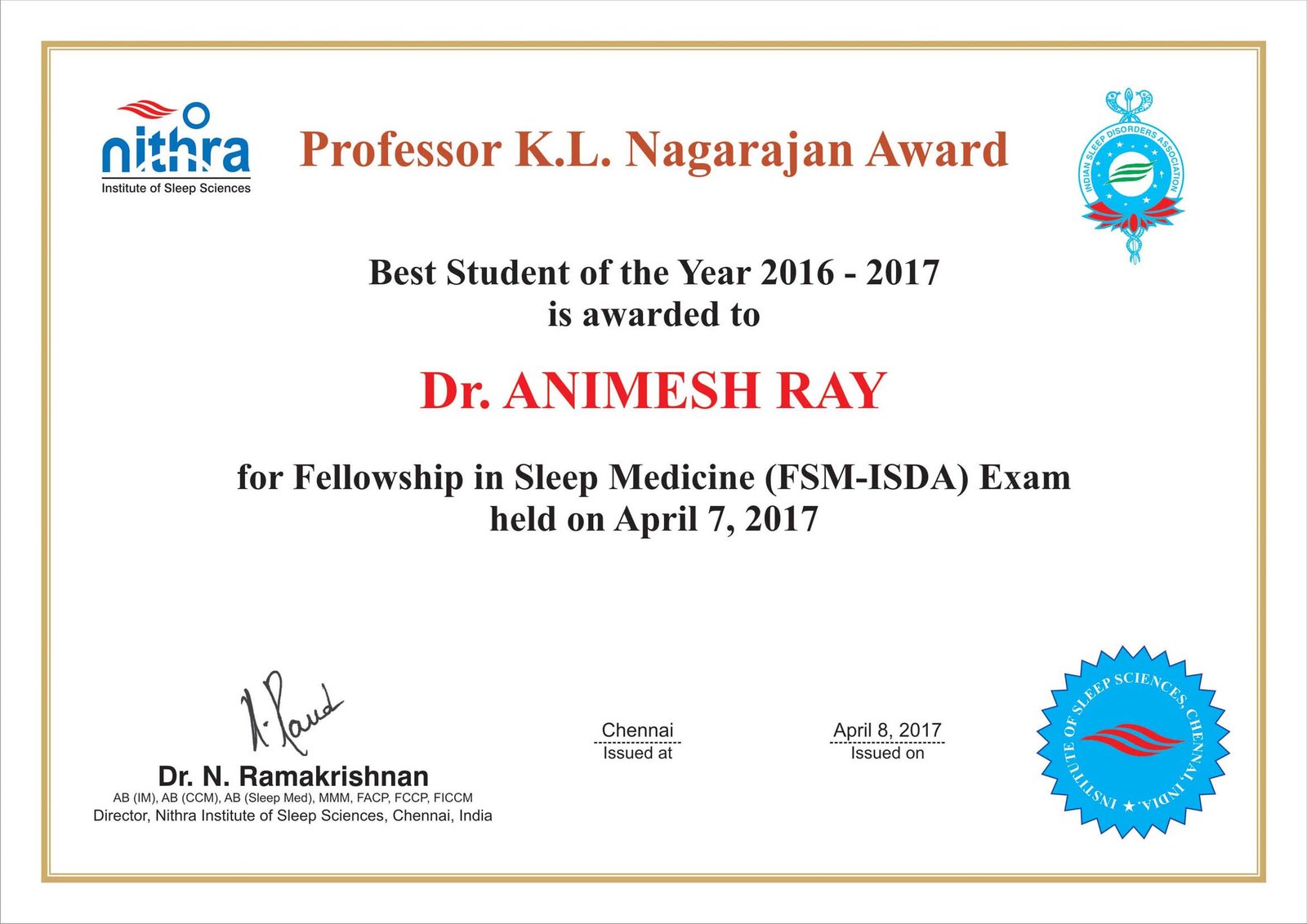 Dr. Animesh Ray Professor K.L. Nagarajan Award Certificate 2016-2017