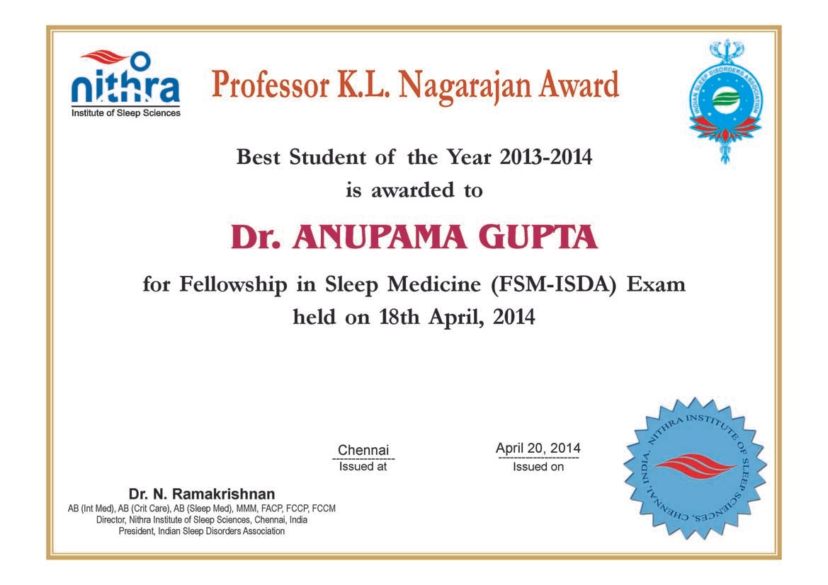 Dr. Anupama Gupta Professor K.L. Nagarajan Award Certificate 2013-2014
