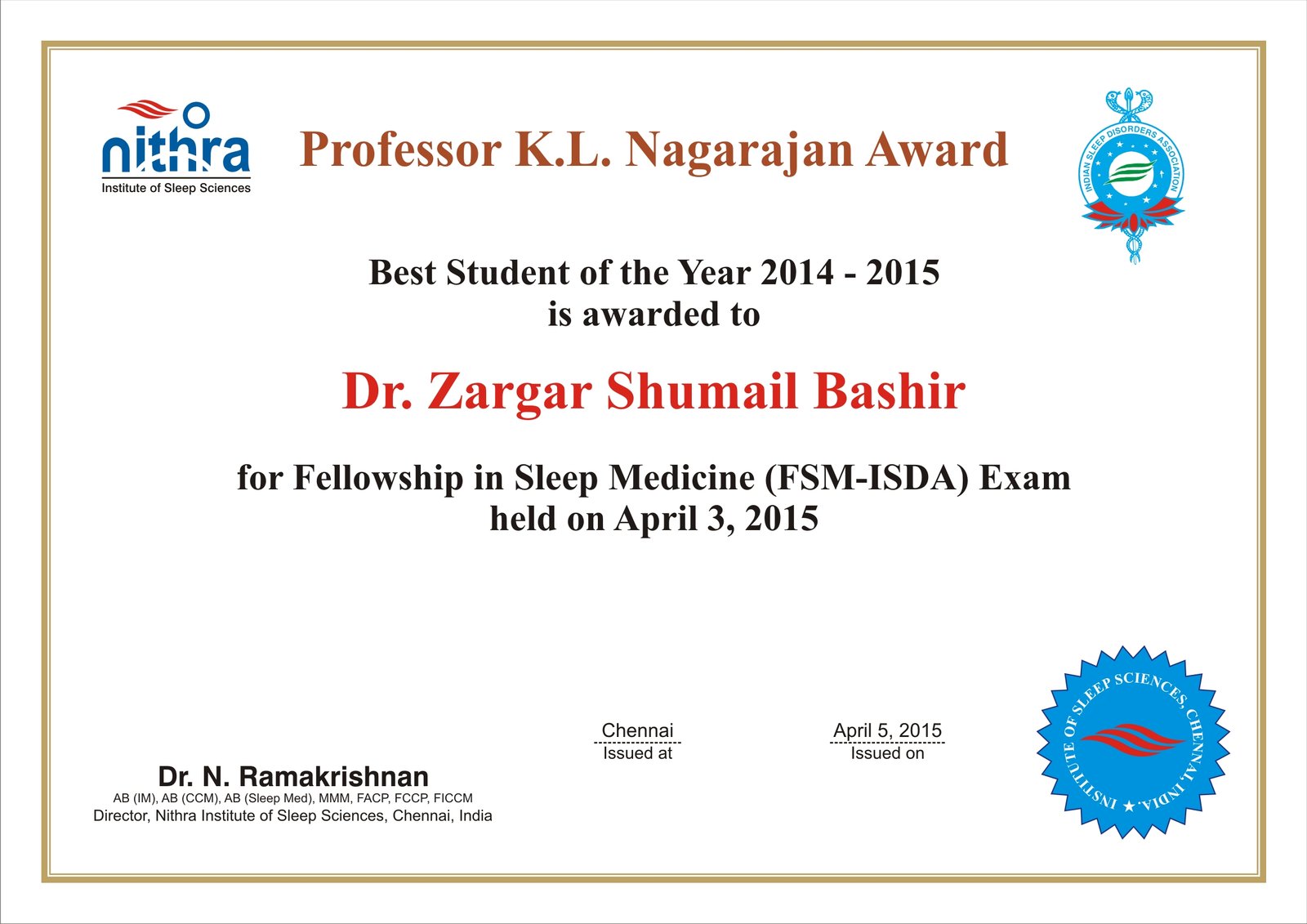 Dr. Zargar Shumail Bashir Professor K.L. Nagarajan Award Certificate 2014-2015