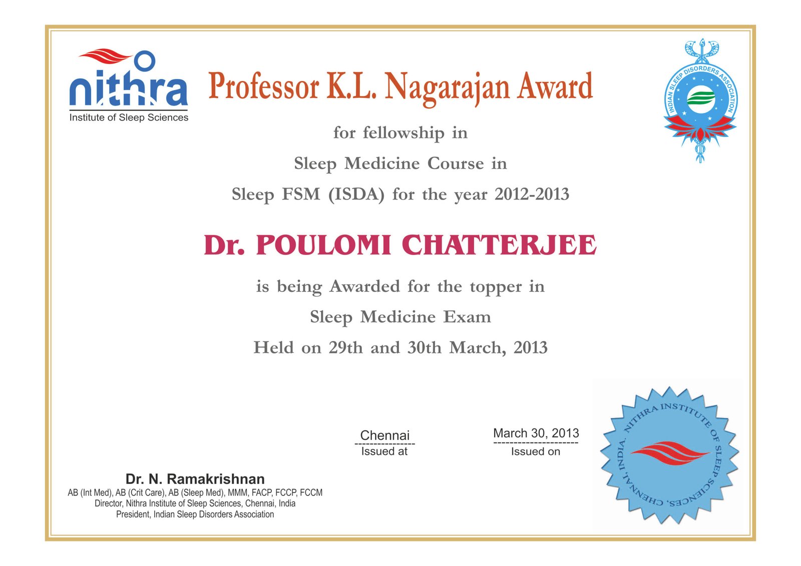 Dr. Poulomi Chatterjee Professor K.L. Nagarajan Award Certificate 2012-2013