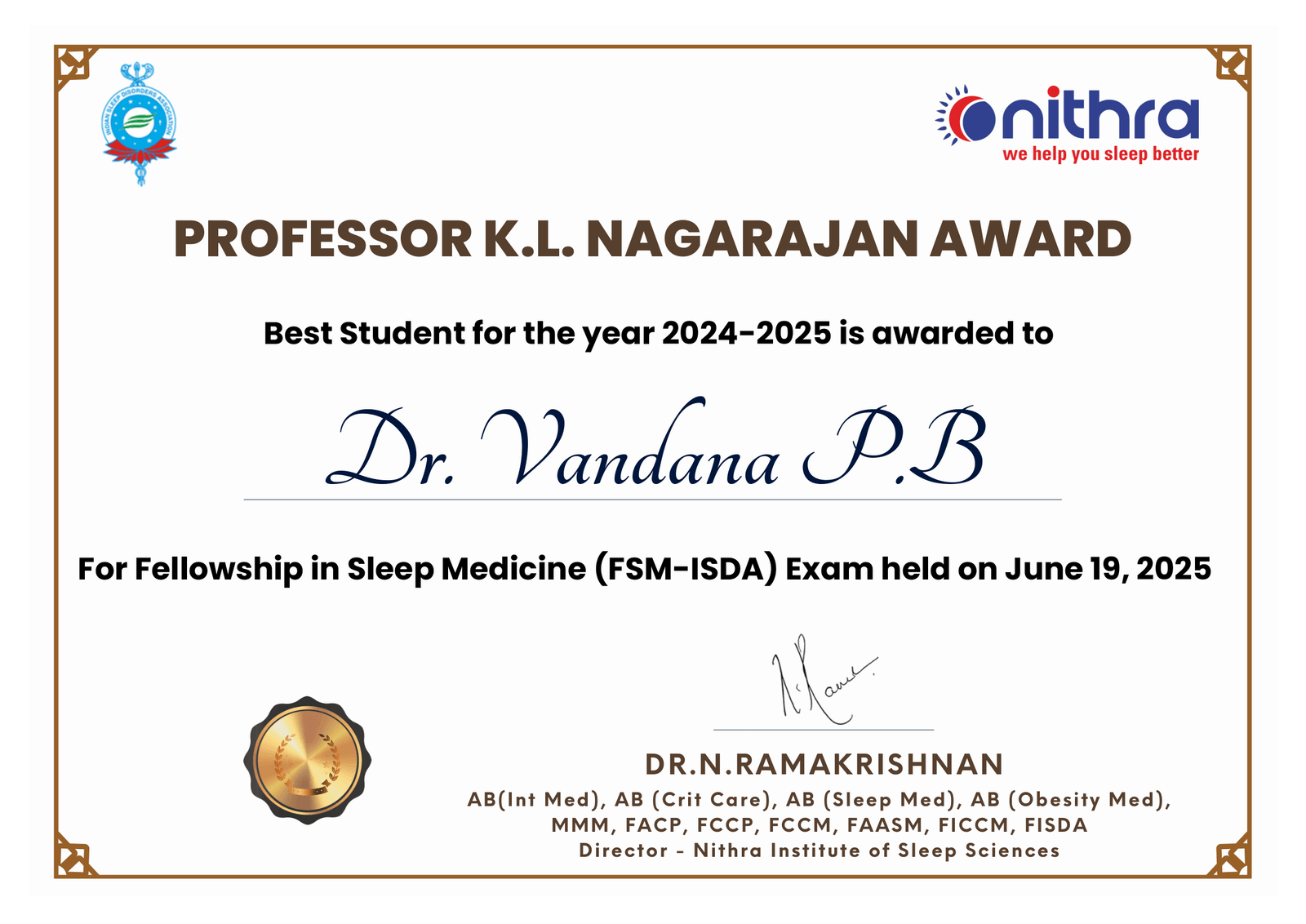 Dr. Vandana P.B Professor K.L. Nagarajan Award Certificate 2024-2025