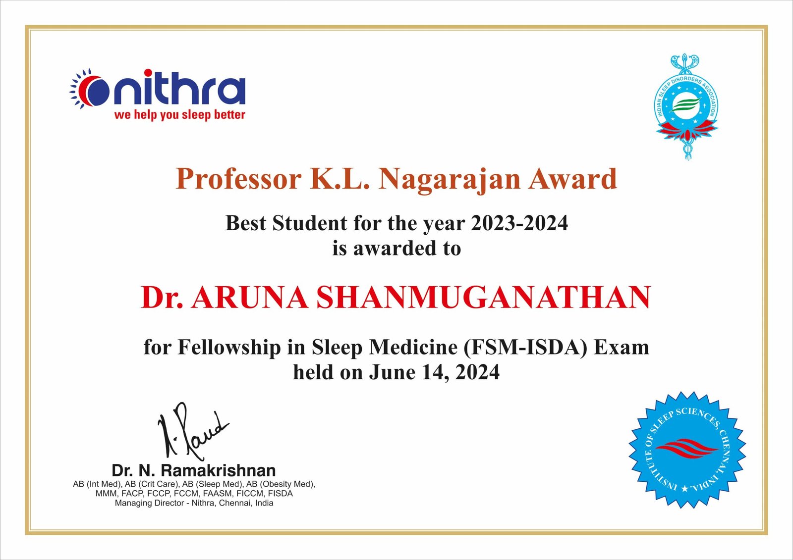 Dr. Aruna Shanmuganathan Professor K.L. Nagarajan Award Certificate 2023-2024