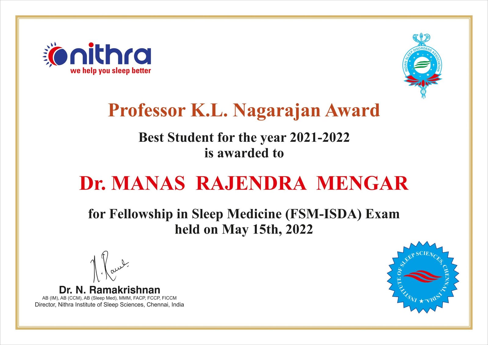 Dr. Manas Rajendra Mengar Professor K.L. Nagarajan Award Certificate 2021-2022