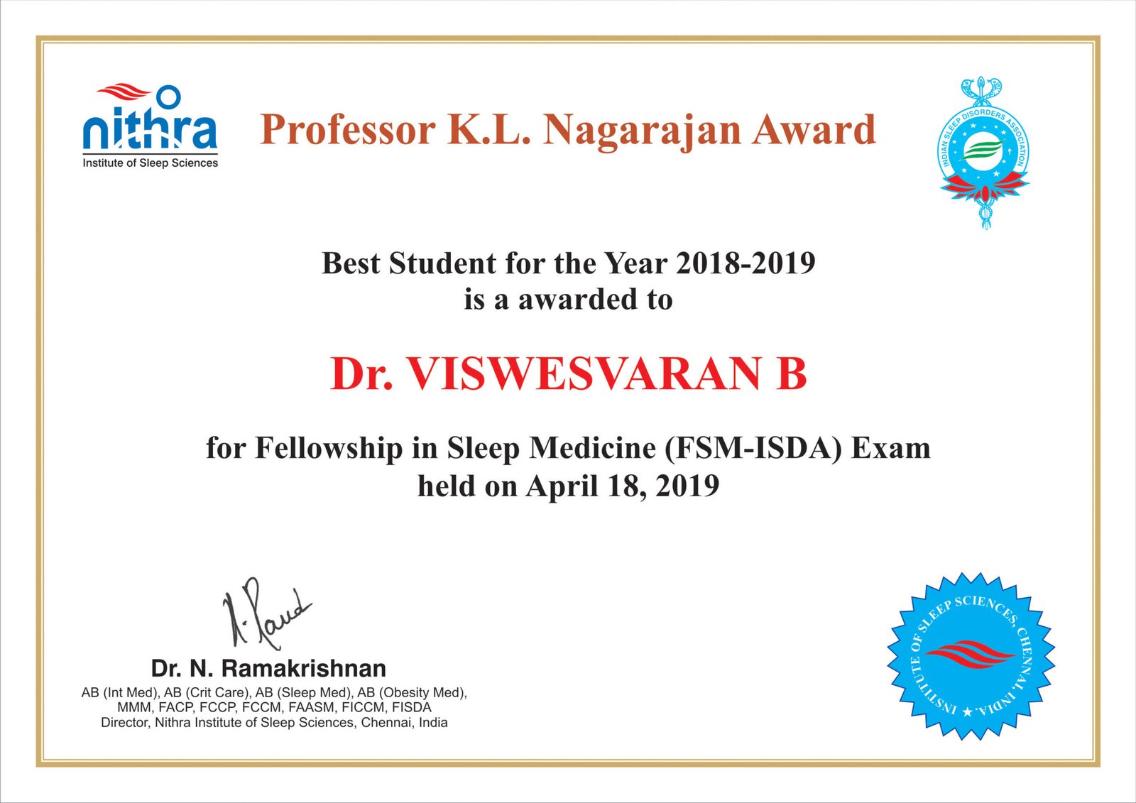 Dr. Viswesvaran B Professor K.L. Nagarajan Award Certificate 2018-2019